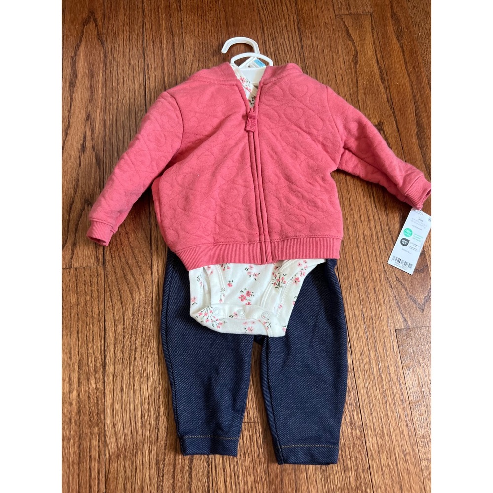 NEW Carter's 3-Piece Outfit Set Baby‎ Girls 3M Pink Floral Denim Quilted Heart